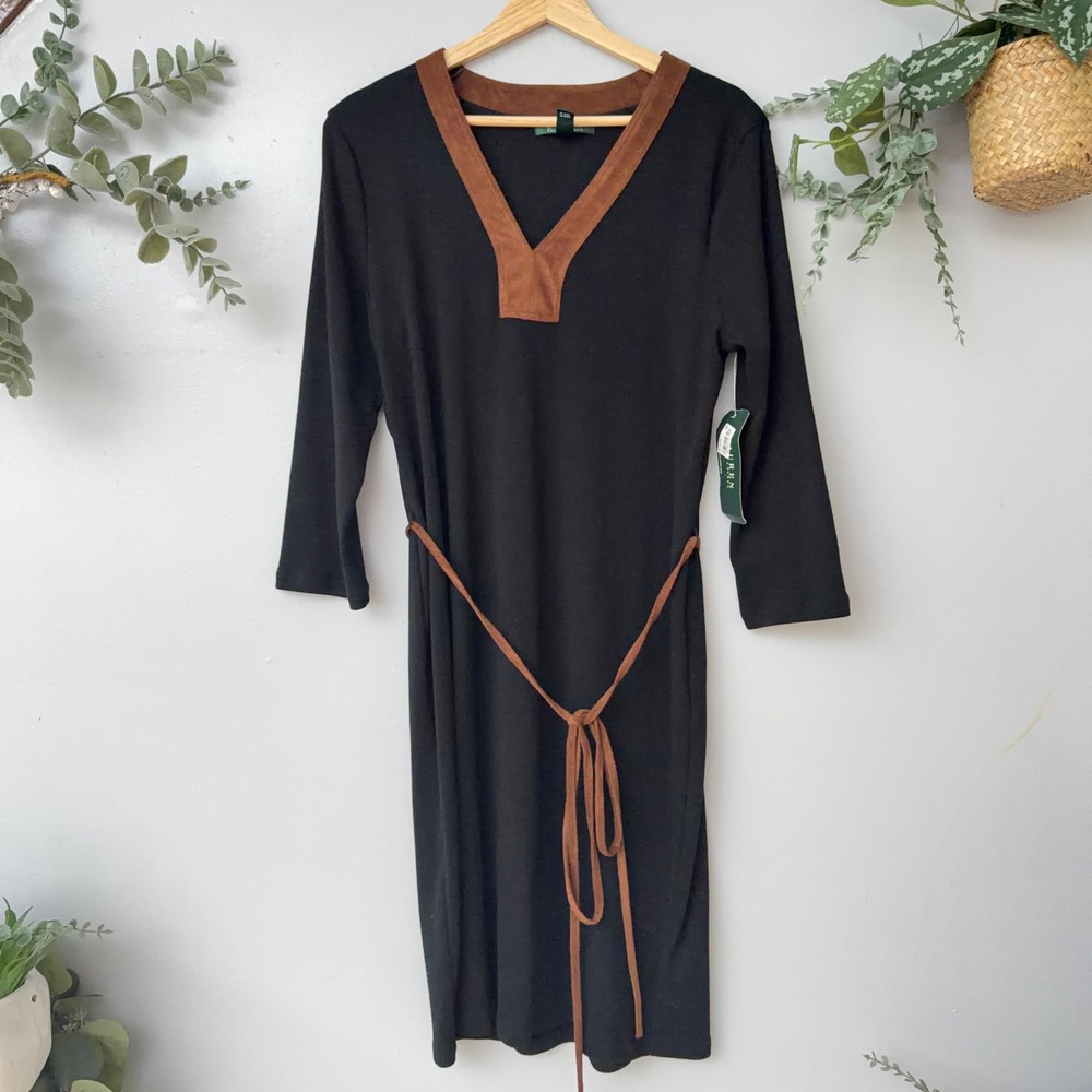 Ralph Lauren LRL Dress Minimalist Autumn Black Faux Suede Belted Wmns L NWT